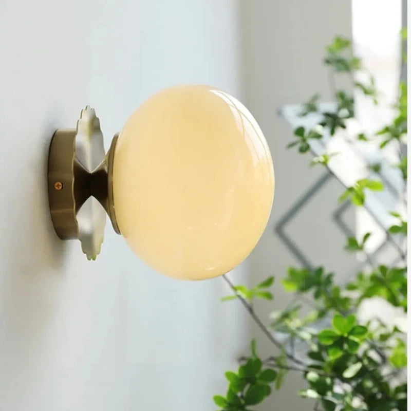 French Retro Minimalist Spherical Bedroom Bedside Lamp, Creative, Warm and Romantic Cream LED Glass Wall Lamp